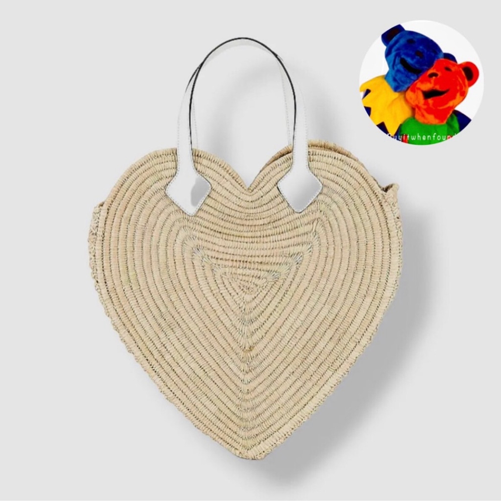 Heart-Shaped Tan Wicker & White Leather Woven Beach Farmers Market Bag
